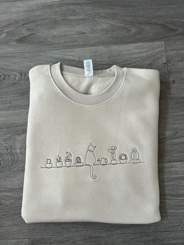 Plants And Cat Embroidered Sweatshirt, Embroidered Hoodie, Cat Sweatshirt, Christmas Sweatshirt, Christmas Gift, Embroidered Plant Hoodie